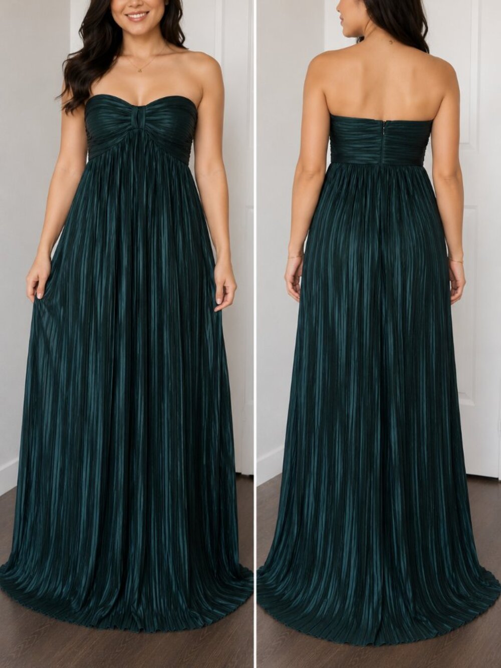 Lulus Emerald Green Pleated Strapless Maxi Gown Formal Evening Dress Medium